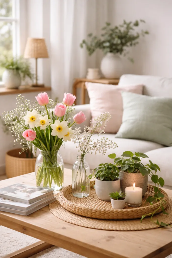 Frühlingsdeko im kleinen Wohnzimmer mit Tulpen, Narzissen und grünen Pflanzen