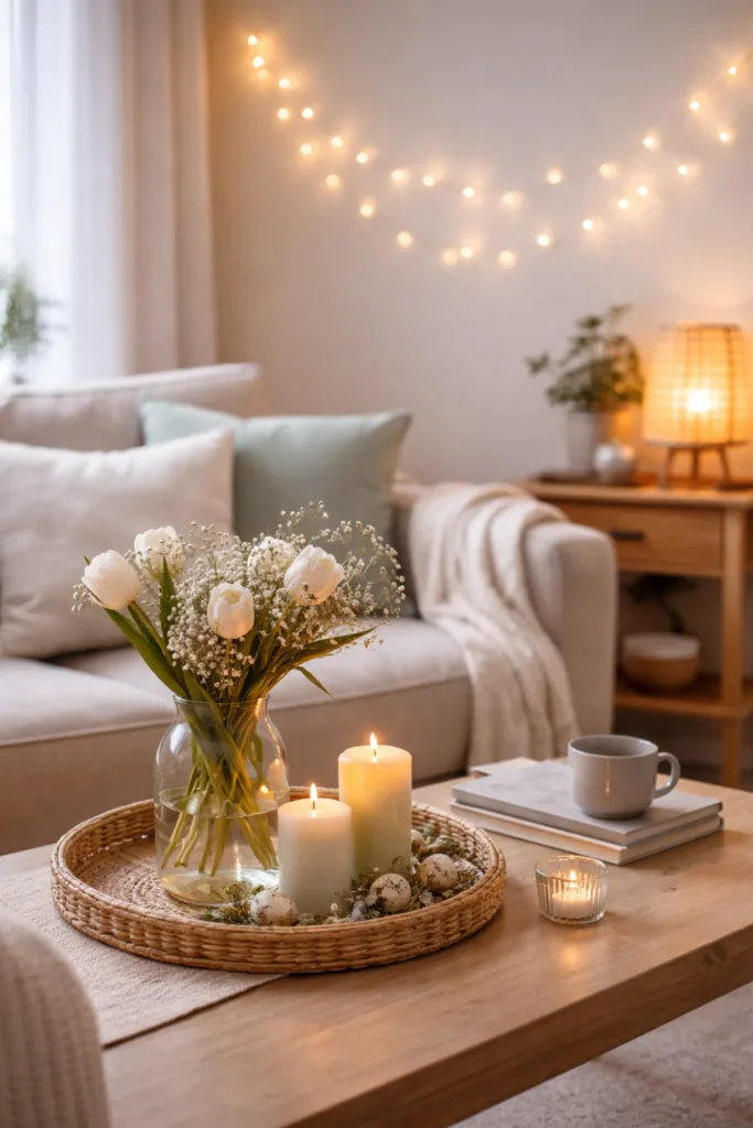 Frühlingsdeko im kleinen Wohnzimmer mit Kerzen, Blumen und warmem Licht