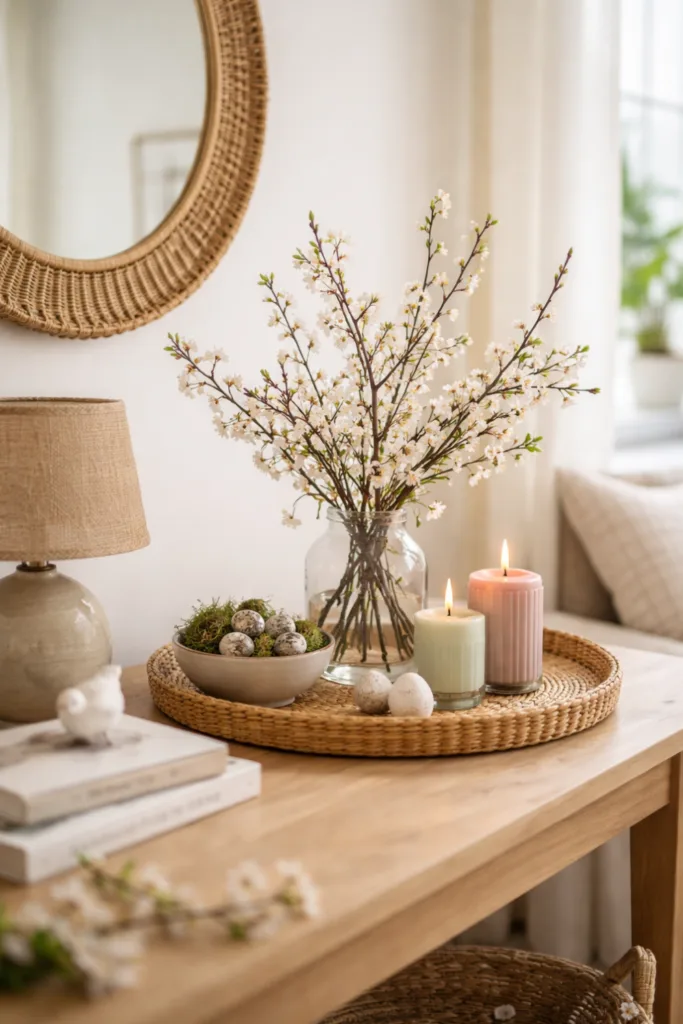 Frühlingsdeko im kleinen Wohnzimmer mit Blumen, Kerzen und Rattan-Accessoires