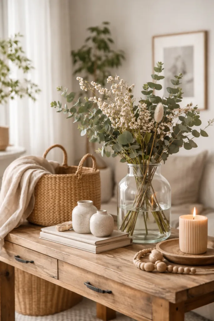 Natürliche Frühlingsdeko 2026 mit Holz, Glas und Leinen im hellen Wohnzimmer