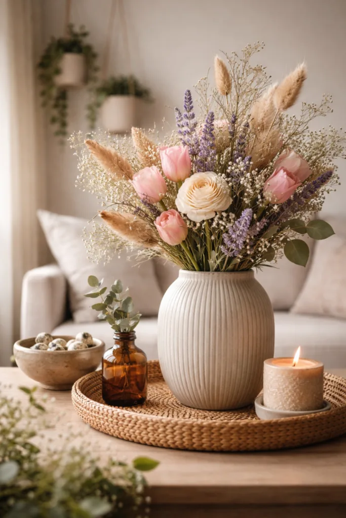 Moderne Frühlingsdeko 2026 mit Blumenarrangement aus Tulpen, Lavendel und Pampasgras