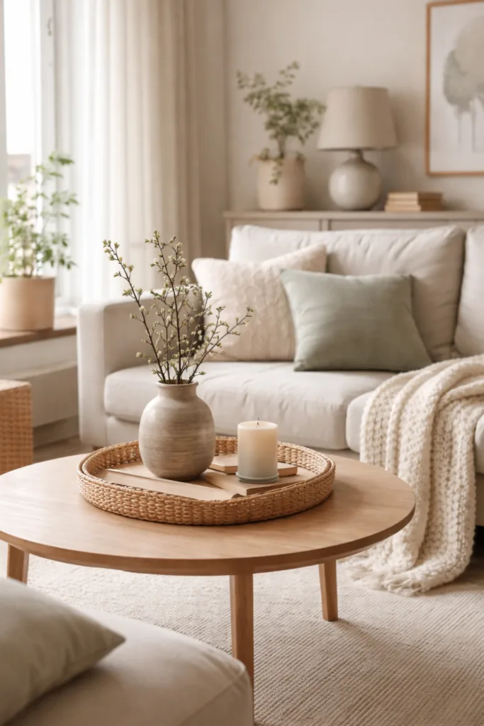 Helles Wohnzimmer mit skandinavischer Frühlingsdeko, Holz, Keramik und natürlichen Farben