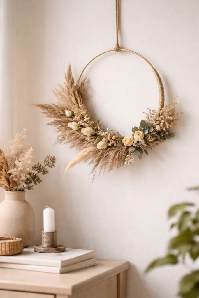 Trockenblumen Deko: 5 wunderschöne Ideen für dein Zuhause Asymmetrischer Trockenblumenkranz aus Pampasgras und Eukalyptus als Boho-Deko an heller Wand