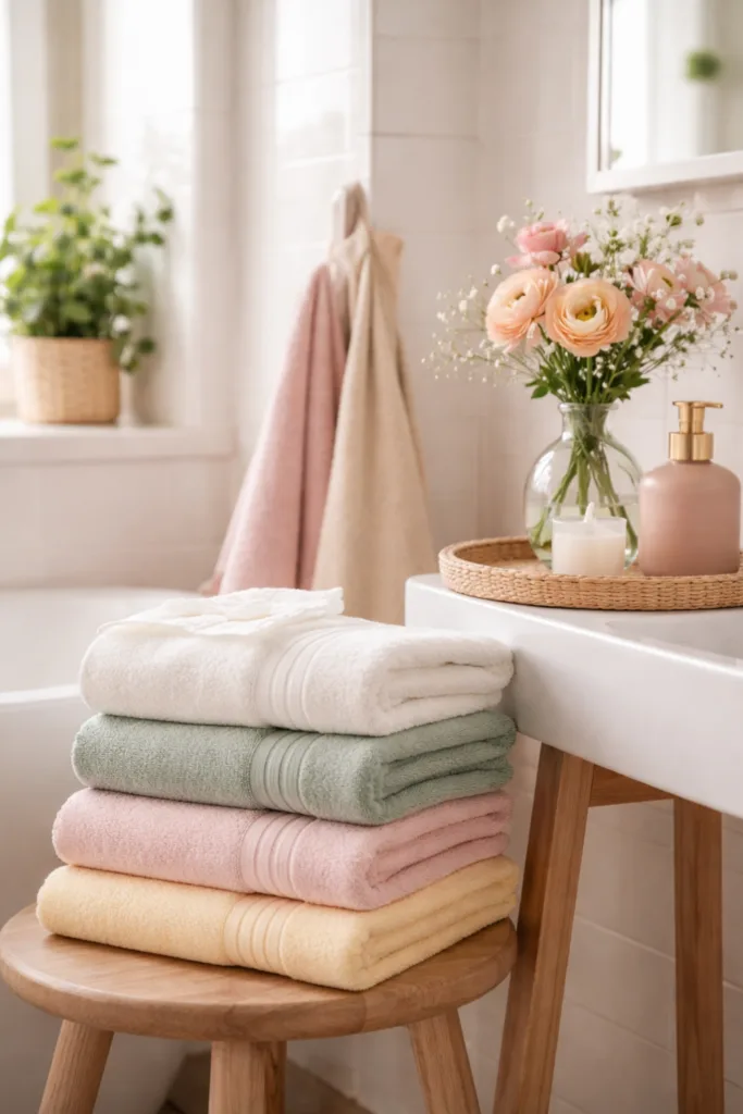 Pastellfarbene Handtücher und Frühlingsdeko im Badezimmer mit Blumen und sanftem Licht