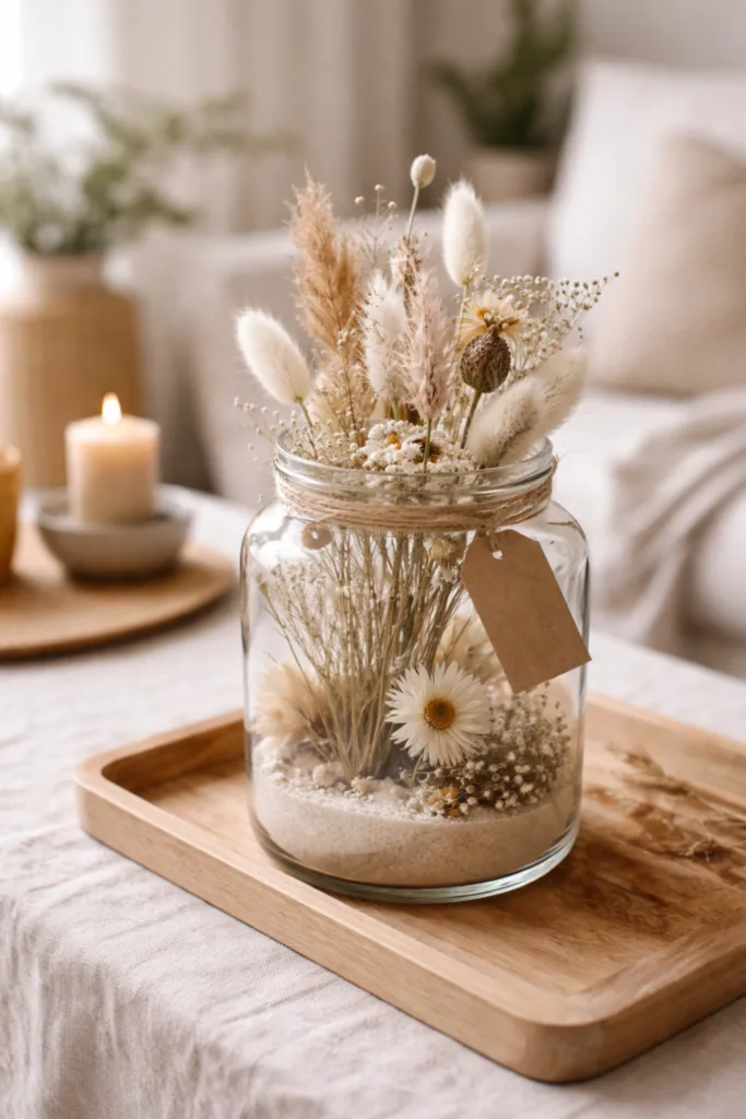 Trockenblumen Deko: 5 wunderschöne Ideen für dein Zuhause Trockenblumen Deko im Glas auf Holztisch mit warmem Licht