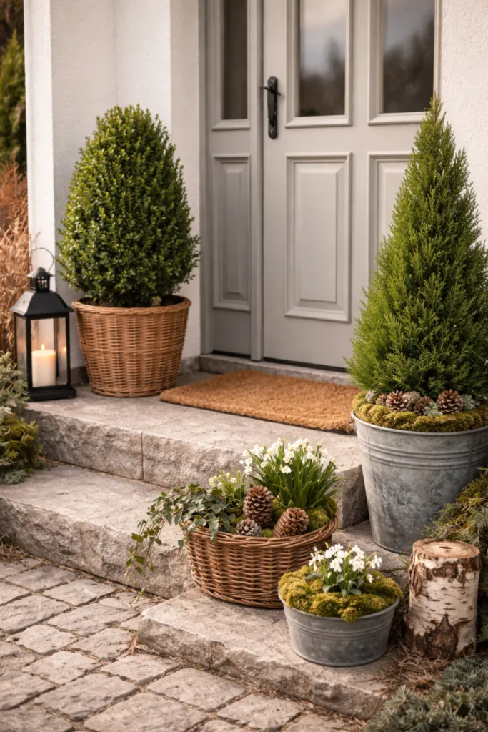 Hauseingang im Februar dekorieren - 4 wunderschöne Ideen Immergrüne Pflanzen und Naturdeko am winterlichen Hauseingang im Februar
