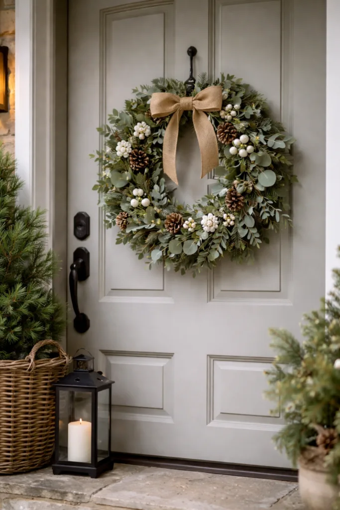 Hauseingang im Februar dekorieren - 4 wunderschöne Ideen Türkranz aus Eukalyptus und Zapfen als natürliche Deko für den Hauseingang im Februar