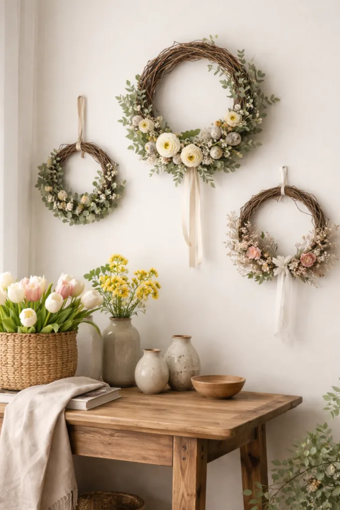 Drei handgemachte Frühlingskränze aus Naturmaterialien als Wanddeko im hellen Raum