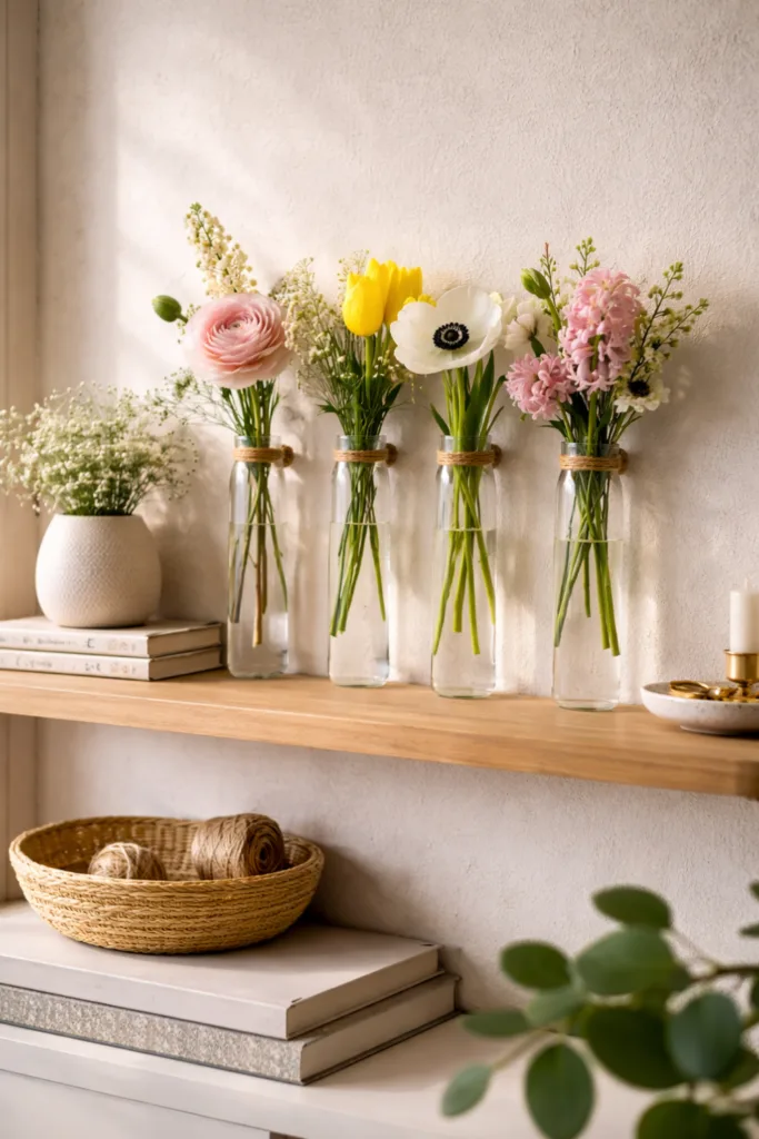 Glasvasen mit Frühlingsblumen auf Holzregal, natürliche Frühlingsdeko für die Wand
