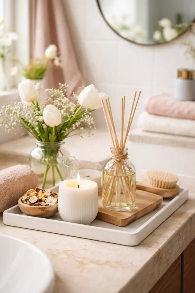 Duftkerze und Frühlingsdeko im Badezimmer mit weißen Blumen und Diffusor