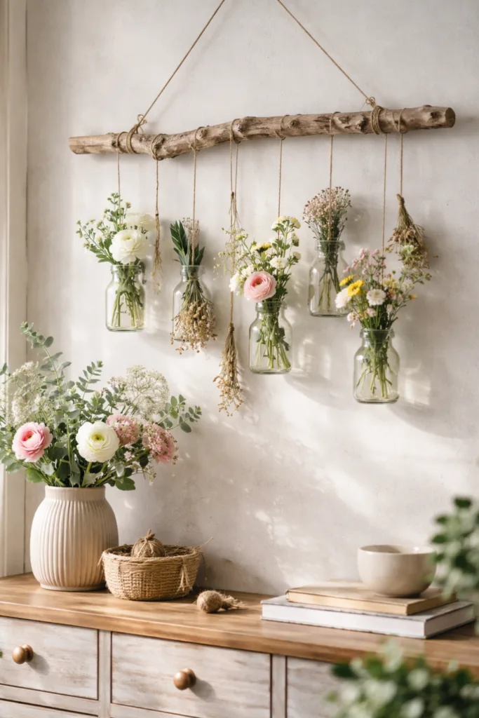DIY Frühlingsdeko für die Wand mit Holz, Glas und frischen Blumen