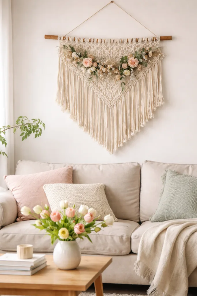 Makramee-Wanddeko mit Trockenblumen und Frühlingsfarben in hellem Wohnzimmer