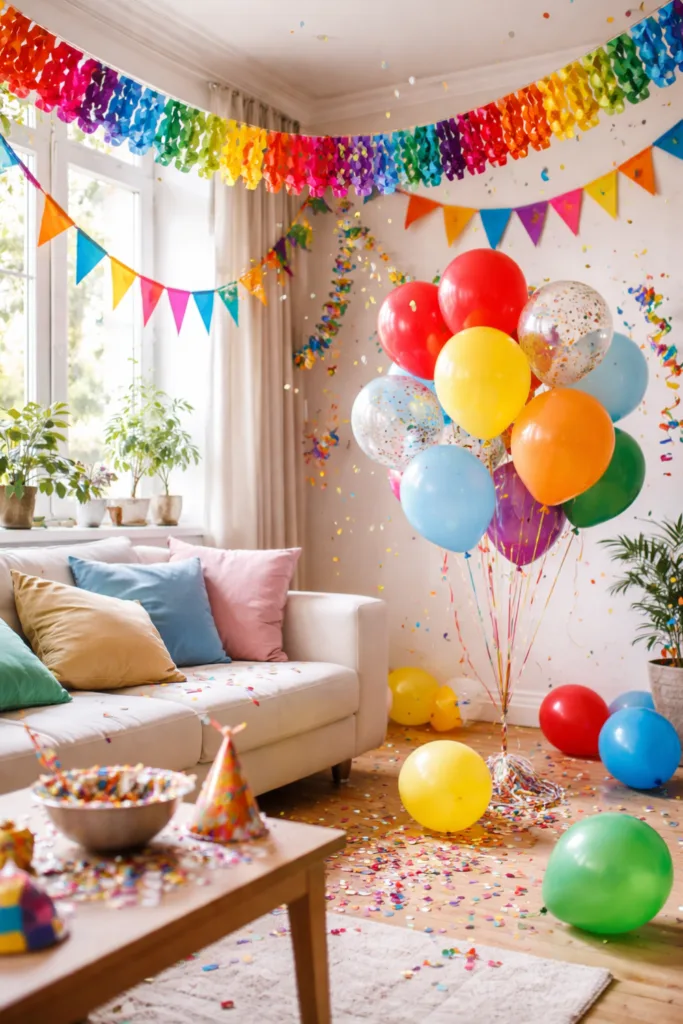 Wohnzimmer mit farbenfroher Faschingsdeko aus Luftballons und Girlanden