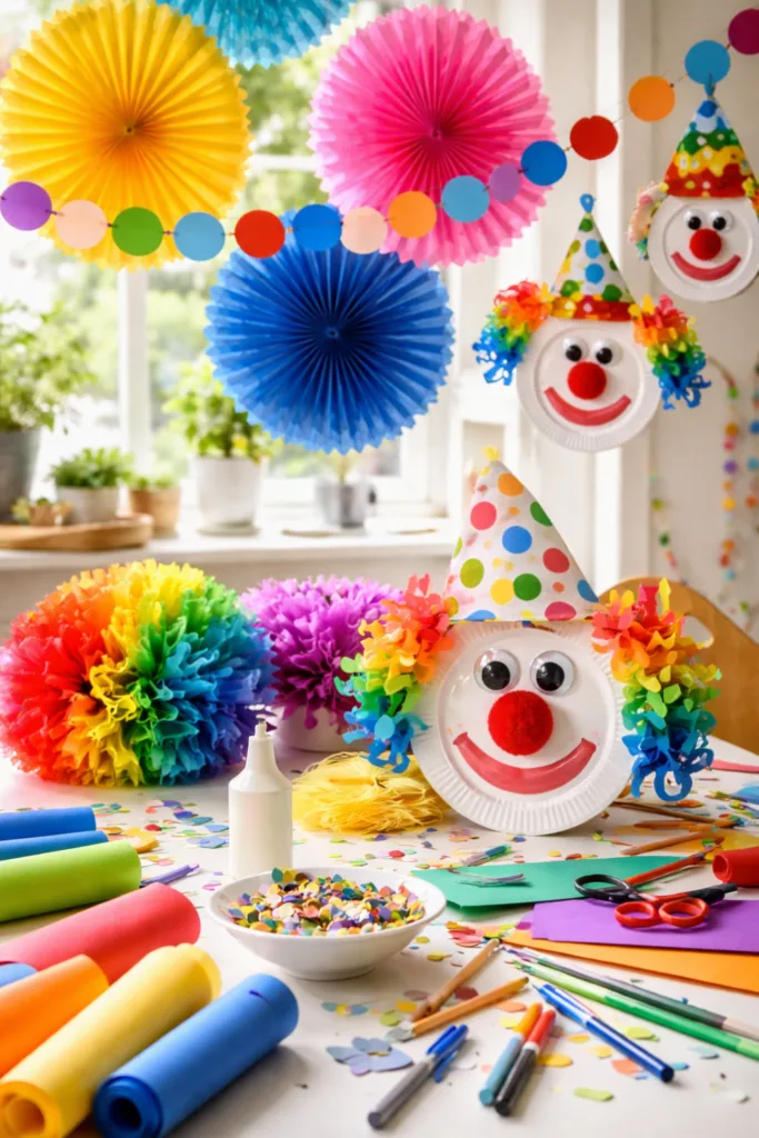 Bunte Faschingsdeko mit Clownsgesichtern und Papierrosetten im hellen Wohnzimmer