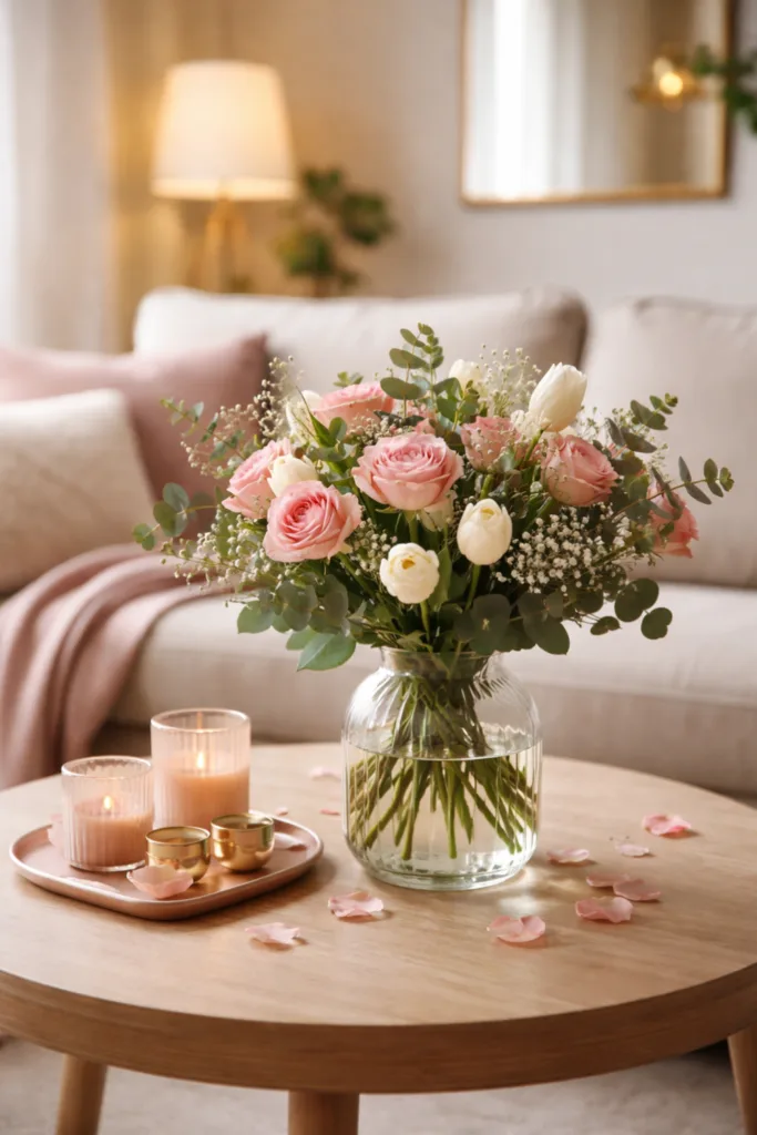 Vase mit Rosen, Tulpen und Eukalyptus als Valentinstag Deko im Wohnzimmer