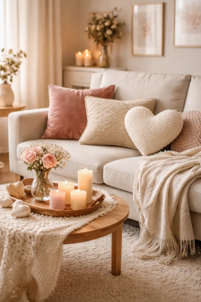 Romantische Valentinstag Deko im Wohnzimmer mit Kissen, Decken und Kerzen