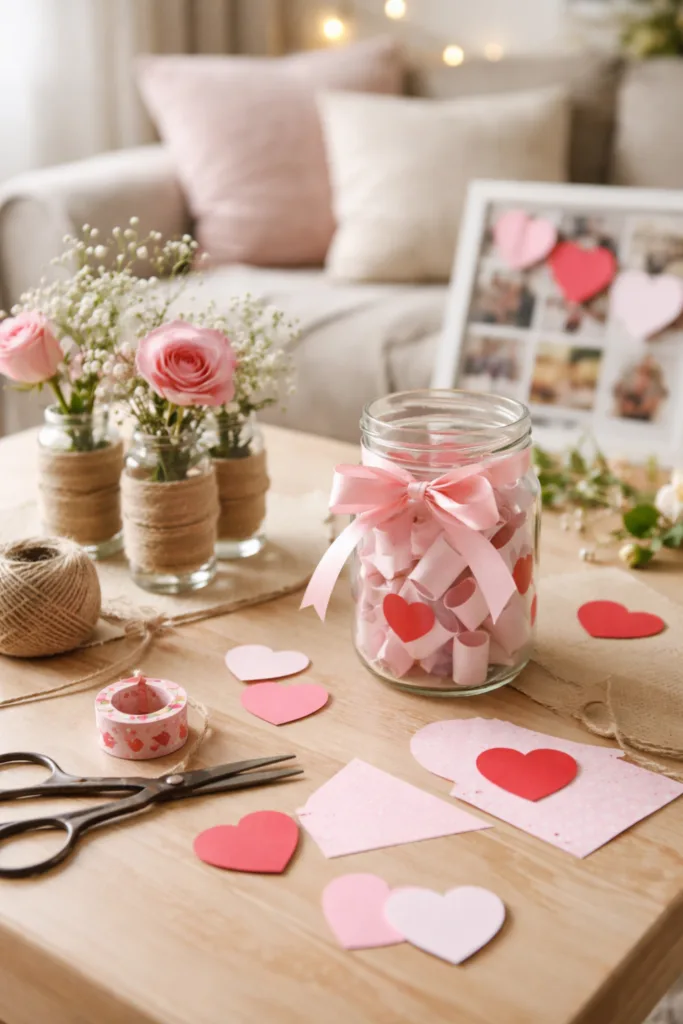 DIY-Valentinstag-Deko im Wohnzimmer mit Herzbastelei, Blumen und Marmeladengläsern