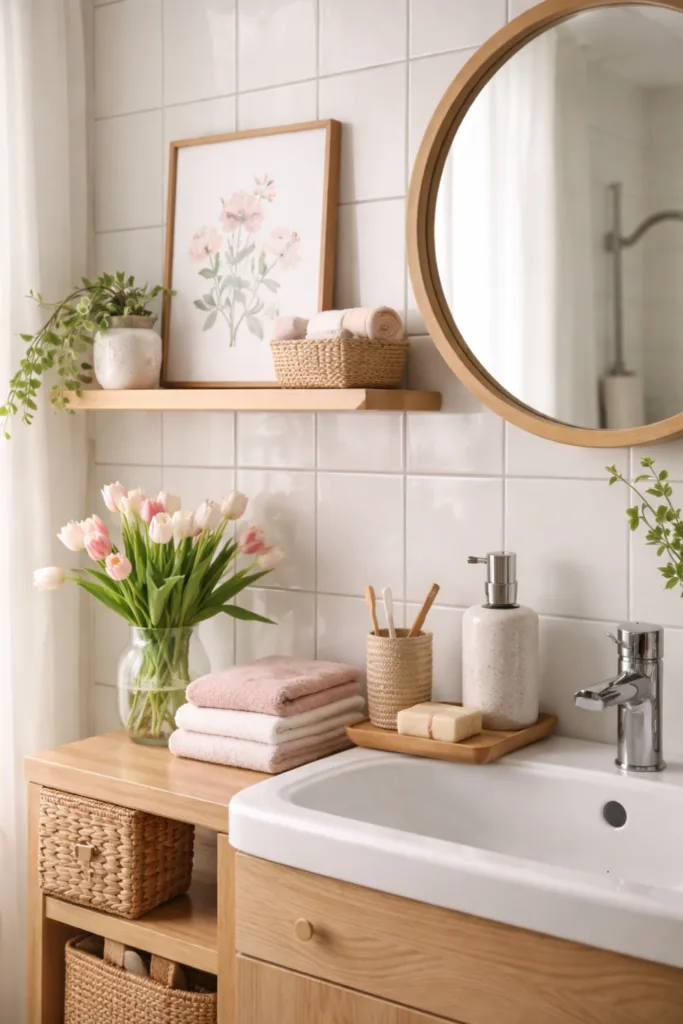 Natürlich dekoriertes Badezimmer mit Frühlingsdeko, Wandbild, Holzrahmen und frischen Blumen