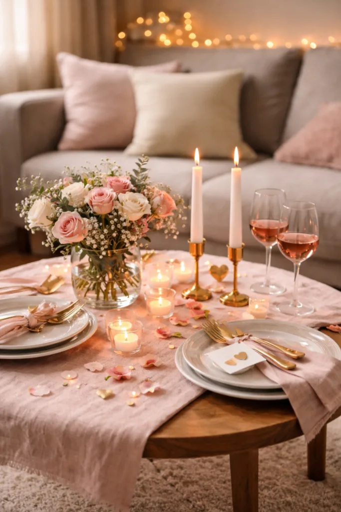 Valentinstag Deko im Wohnzimmer mit Kerzen, Blumen und romantisch gedecktem Tisch