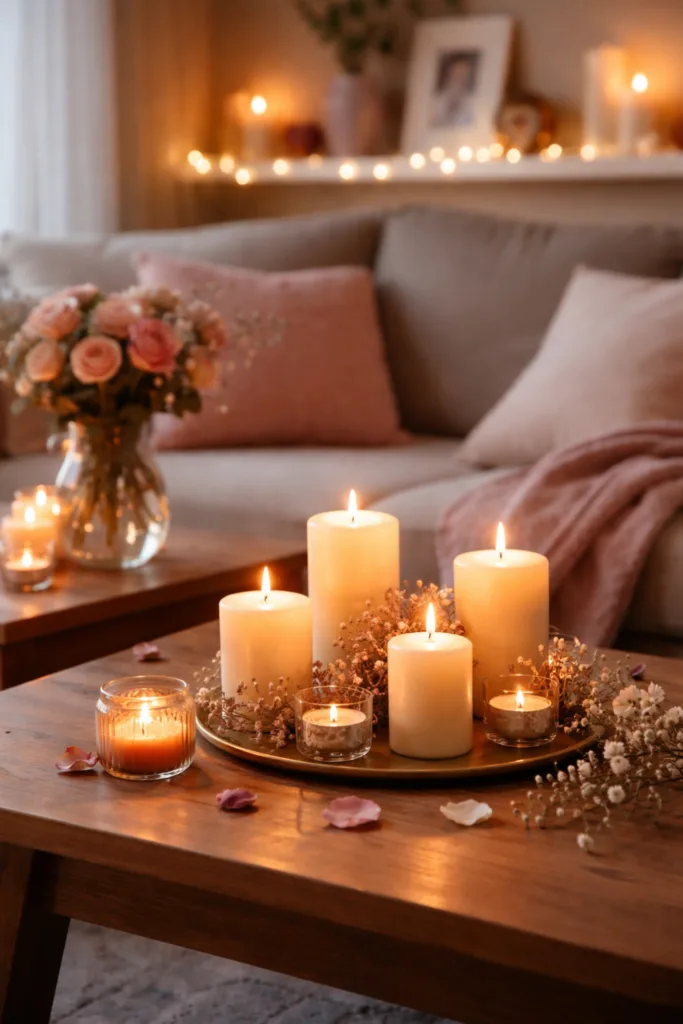 Kerzen und Lichter schaffen romantische Valentinstag Deko im Wohnzimmer