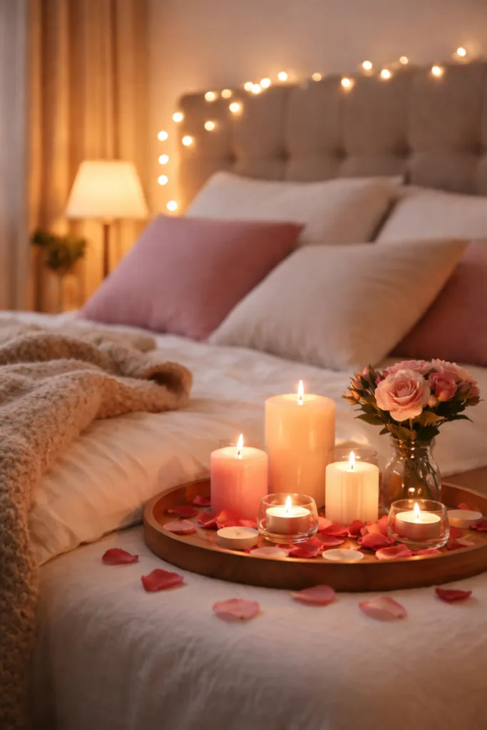 Sanft beleuchtetes Schlafzimmer mit Kerzen und Lichterkette als Valentinstag Deko