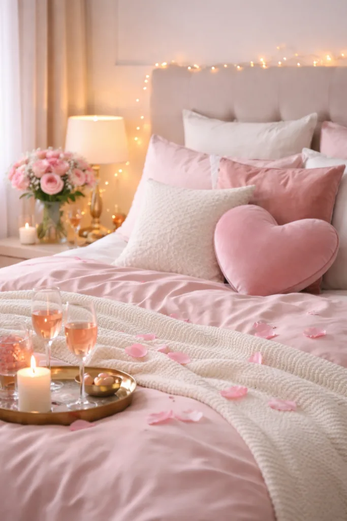 Romantisch dekoriertes Schlafzimmer mit Rosé- und Cremefarben als Valentinstag Deko