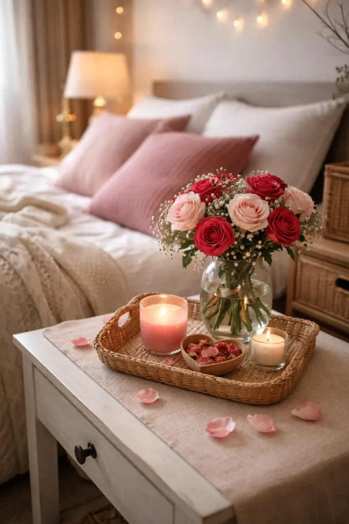 Florale Valentinstag Deko im Schlafzimmer mit Rosen, Kerzen und warmem Licht