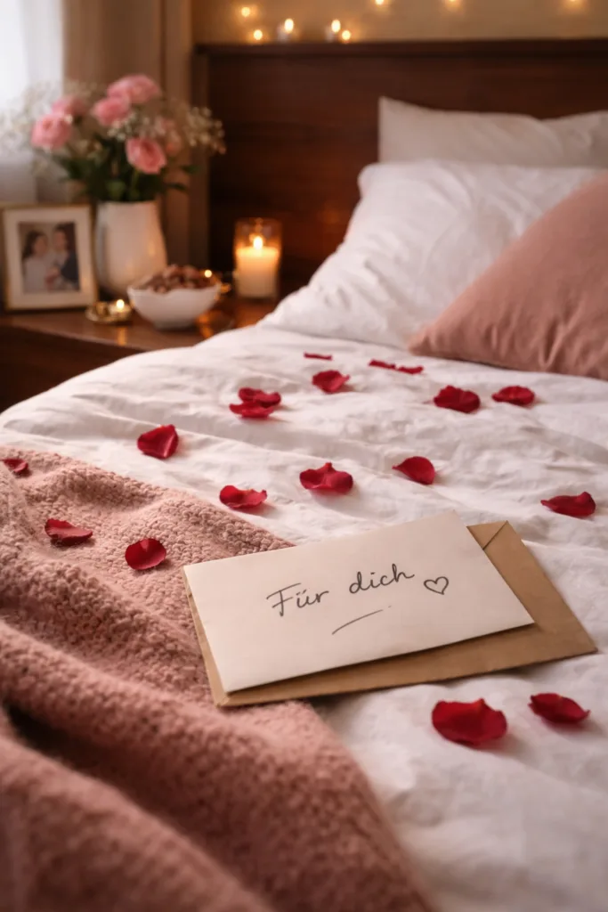 Valentinstag Deko im Schlafzimmer mit Rosenblättern, Kerzen und Liebesbrief