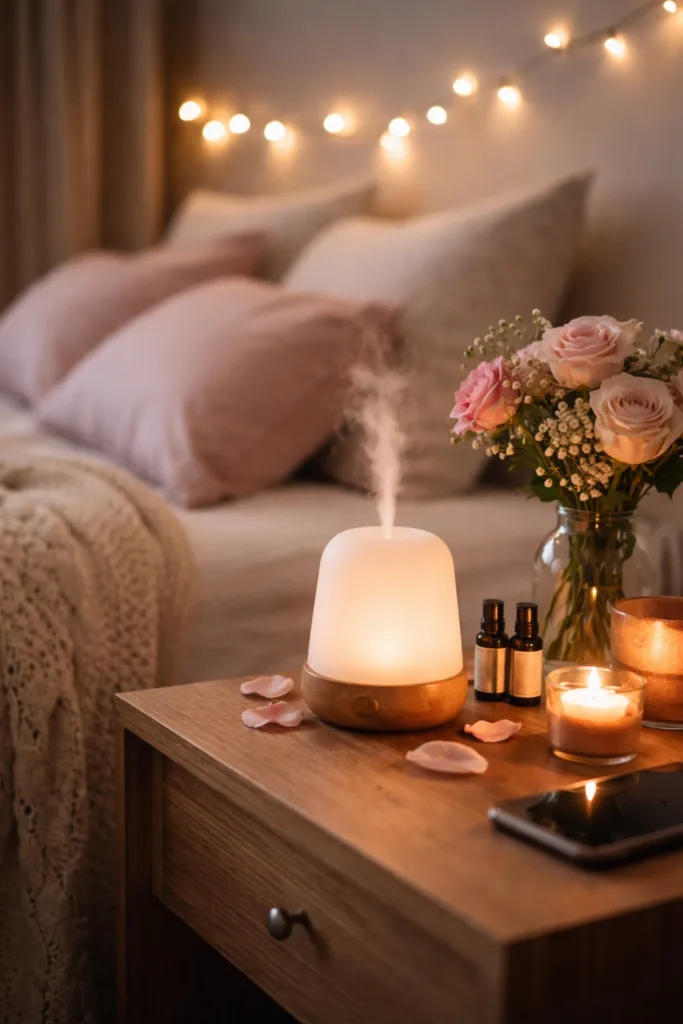 Romantisch dekoriertes Schlafzimmer mit Kerzen, Rosen und Lichterkette zum Valentinstag