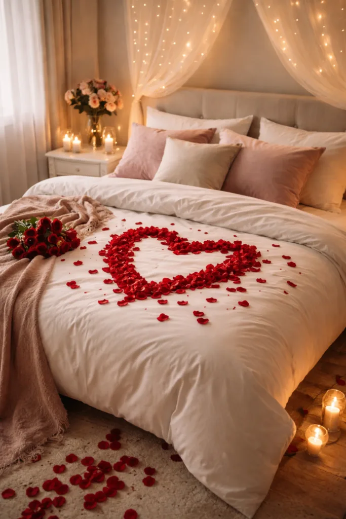 Valentinstagsdeko fürs Bett - 5 romantische Ideen mit Herz Rosenblätter in Herzform auf Bett – romantische Valentinstagsdeko fürs Schlafzimmer
