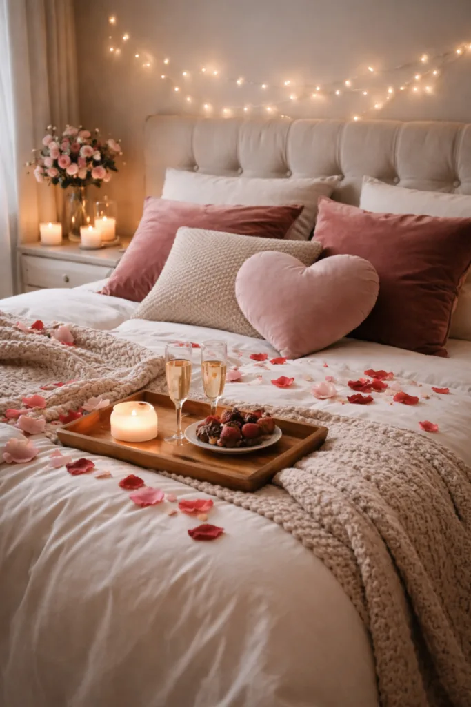 Valentinstagsdeko fürs Bett - 5 romantische Ideen mit Herz Valentinstagsdeko fürs Bett mit Kissen, Kerzen, Rosenblättern und warmem Licht