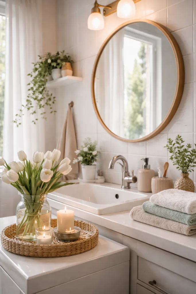 Helles Badezimmer mit Spiegel, Tulpen und Kerzen als Frühlingsdeko