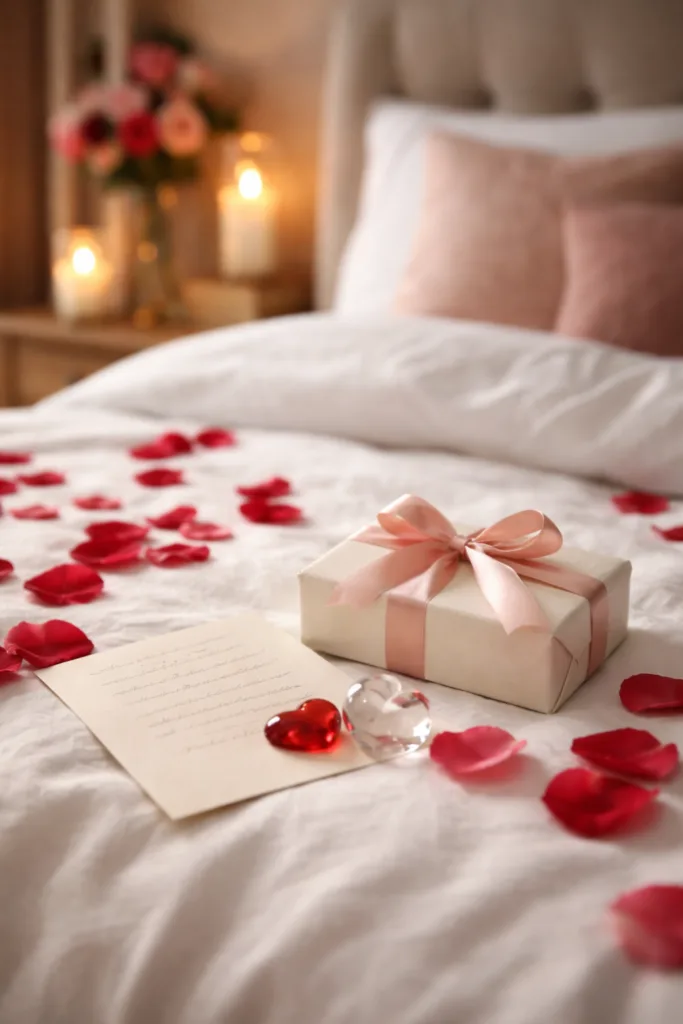 Valentinstagsdeko fürs Bett - 5 romantische Ideen mit Herz Geschenk mit Schleife, Rosenblätter und Kerzen als Valentinstagsdeko fürs Bett
