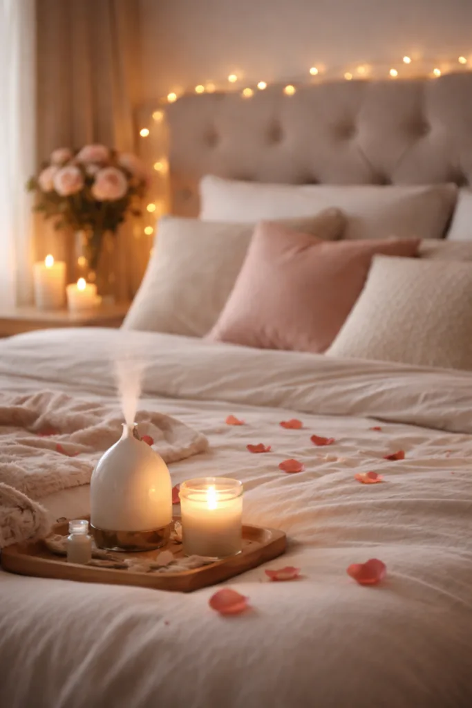 Valentinstagsdeko fürs Bett - 5 romantische Ideen mit Herz Gemütliches Bett mit Rosenblättern, Kerzenlicht und Diffusor als Valentinstagsdeko