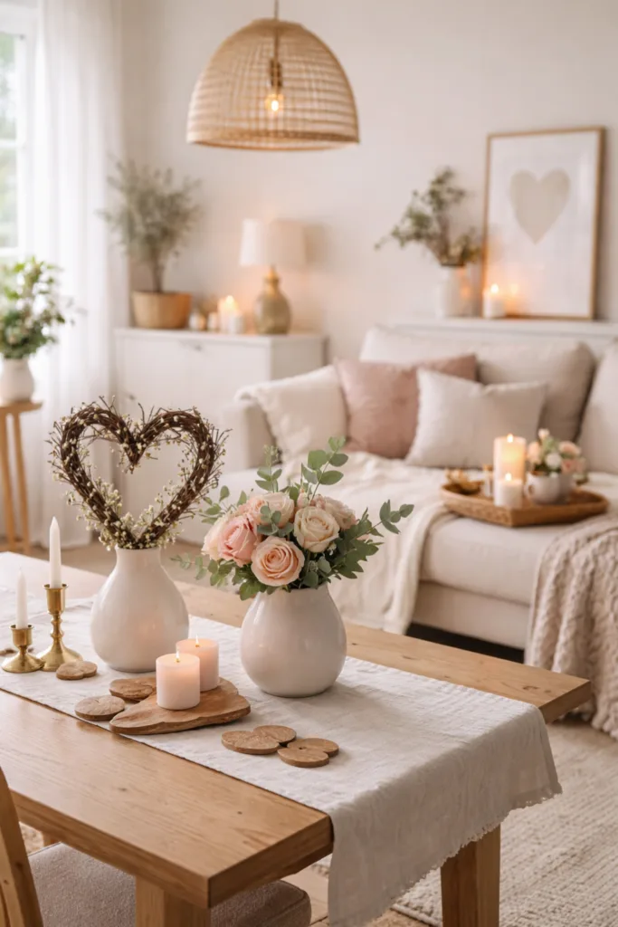 Valentinstag Deko Trends 2026: Diese 3 sind IN und diese 3 OUT Helle Scandi-Romantik Valentinstag Deko mit Holz, Kerzen und natürlichen Farben