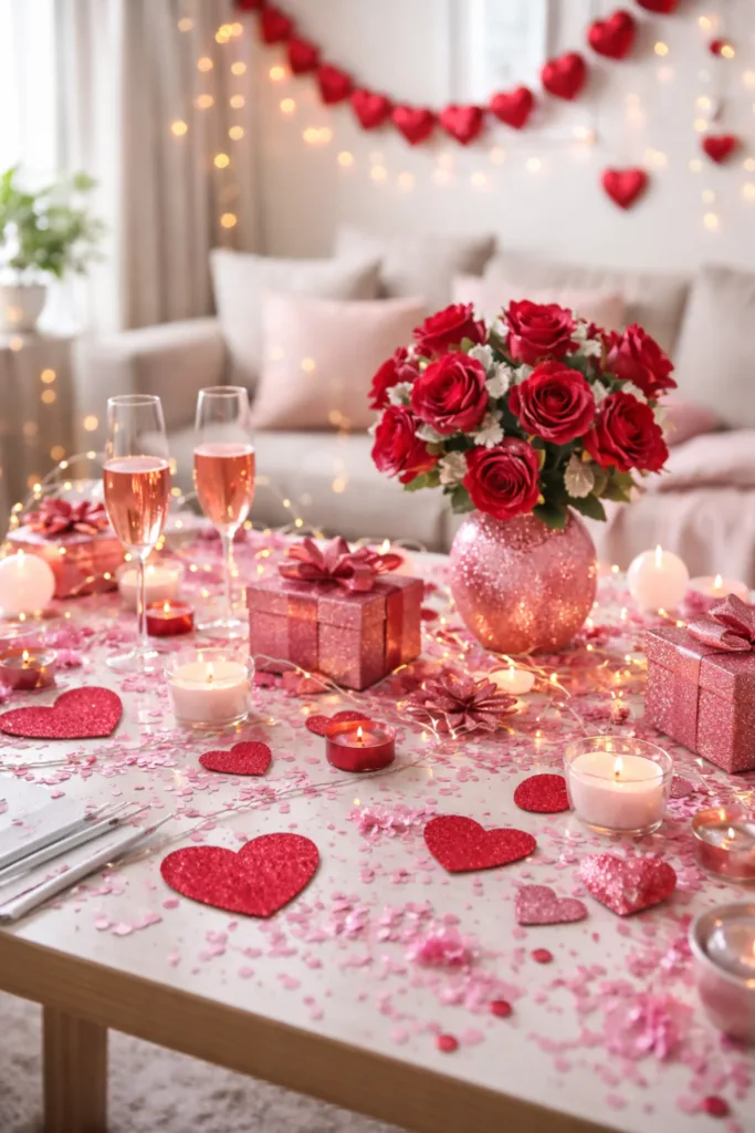 Valentinstag Deko Trends 2026: Diese 3 sind IN und diese 3 OUT Überladene Valentinstagsdeko mit Glitzer, Herzen und roten Rosen – 2026 nicht mehr im Trend