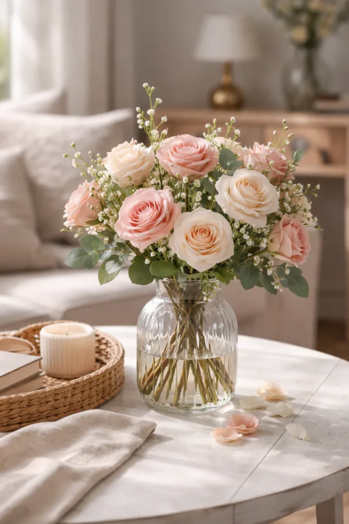 Valentinstag Deko Trends 2026: Diese 3 sind IN und diese 3 OUT Künstliche Blumen als Valentinstagsdeko 2026 in Glasvase mit natürlichem Licht