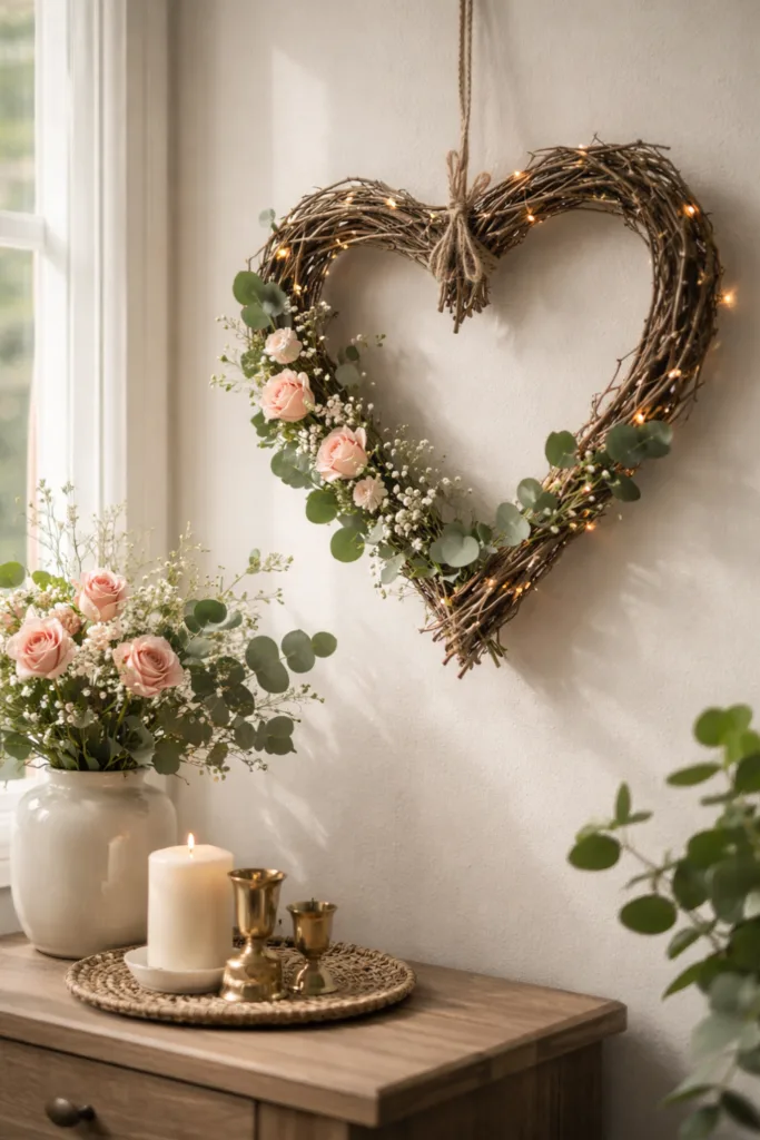 Herzdeko zum Valentinstag - 5 romantische Ideen voller Liebe Herzdeko aus Zweigen mit Rosen und Lichterkette zum Valentinstag