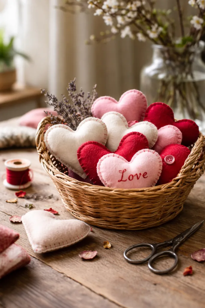 Herzdeko zum Valentinstag - 5 romantische Ideen voller Liebe Geflochtener Korb mit handgenähten Filzherzen in Rot und Rosa als Valentinstagsdeko