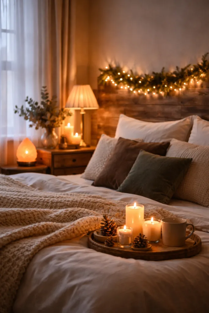 Winterdeko im Schlafzimmer mit Kerzen, Lichterkette und warmem Licht