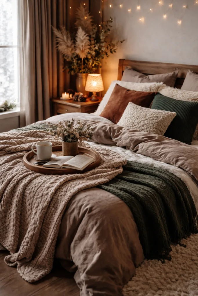 Gemütliches Schlafzimmer mit Winterdeko, warmen Textilien und sanfter Beleuchtung