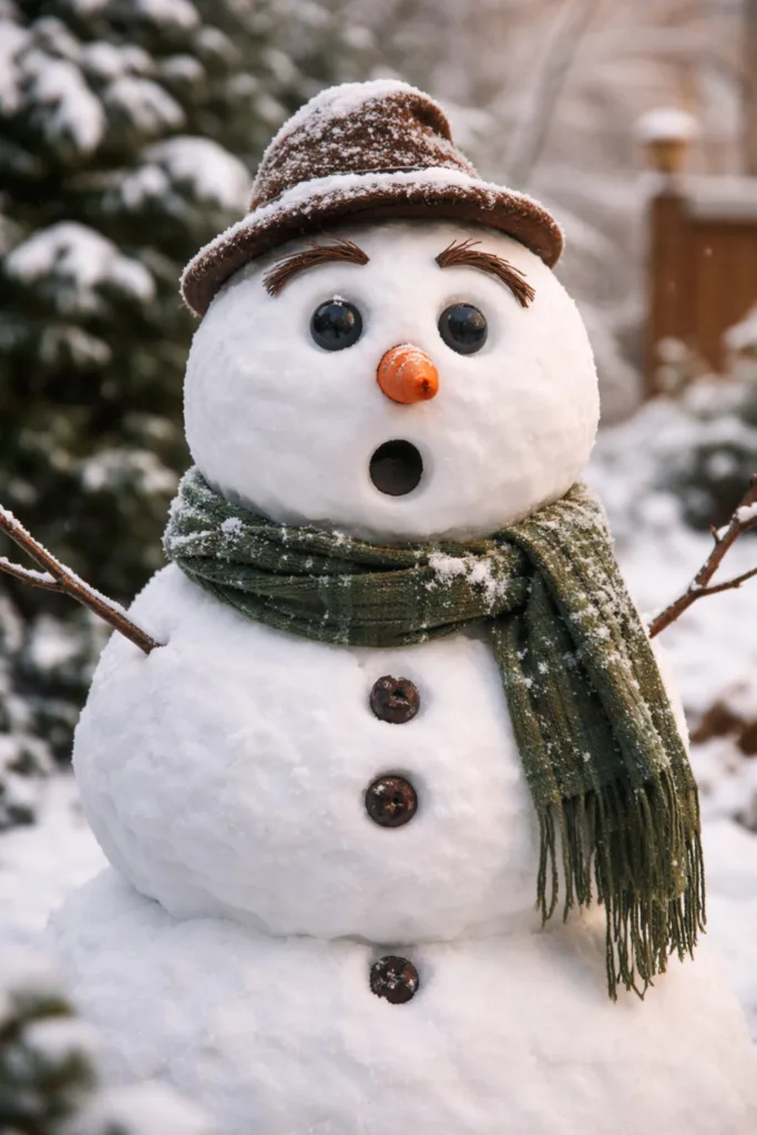 Schneemann bauen mit Gesichtsausdruck – kreativer Schneemann mit Hut, Schal und Emotionen im Garten
