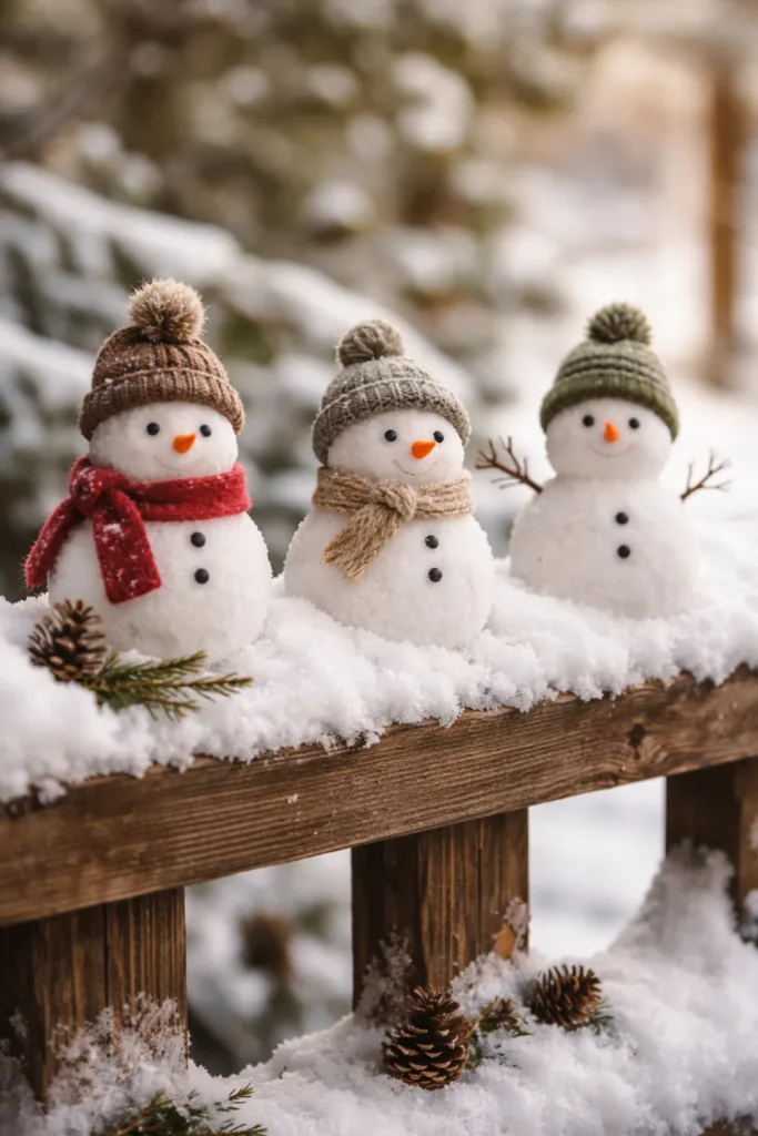 Mini-Schneemänner auf Holzgeländer im Winter – kreative Idee zum Schneemann bauen bei wenig Schnee