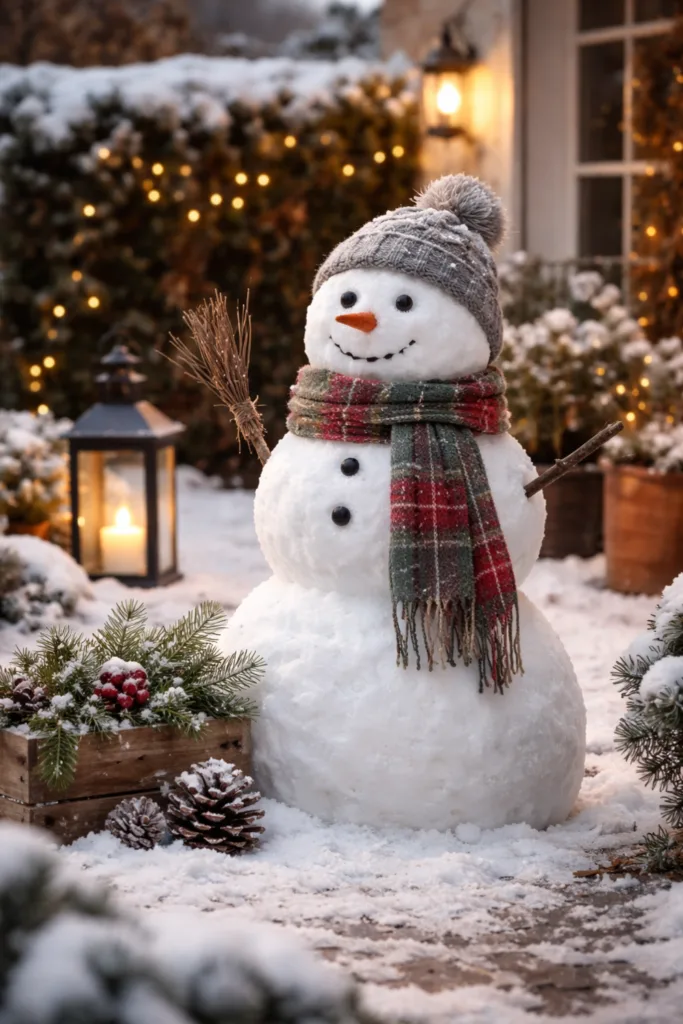 Schneemann bauen als Winterdeko im Garten, dekorativer Schneemann mit Schal, Mütze und Laterne im Schnee
