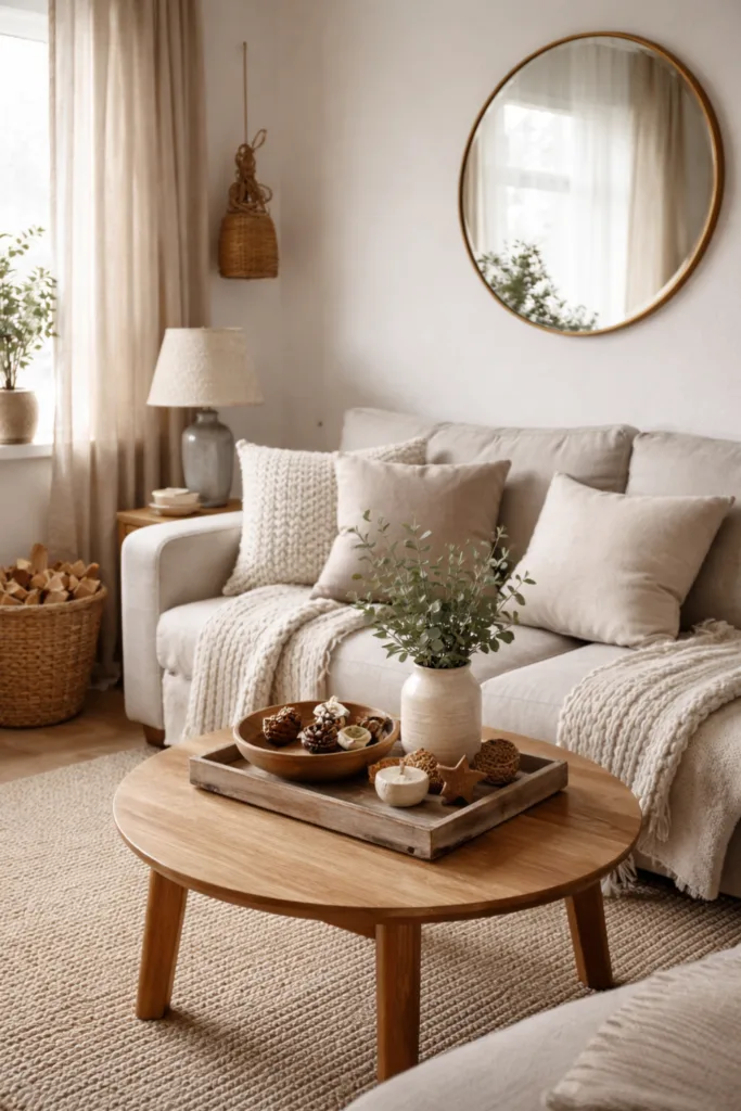 Helles kleines Wohnzimmer mit Winterdeko aus Holz, Wolle und Naturmaterialien