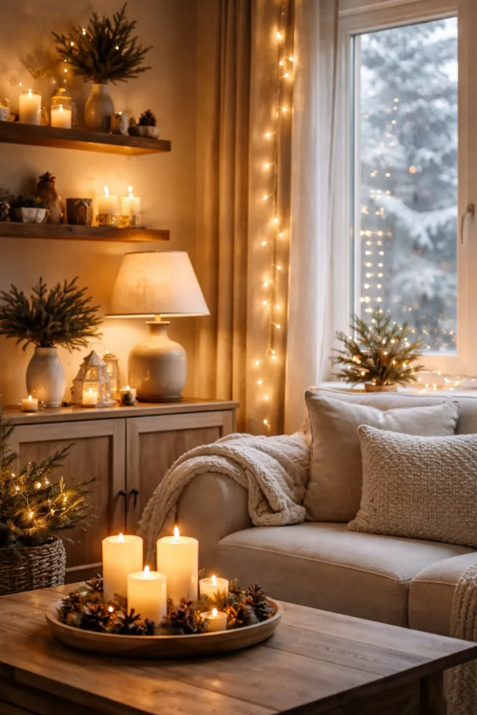 Winterdeko im kleinen Wohnzimmer mit Kerzen, Lichterkette und natürlichem Licht