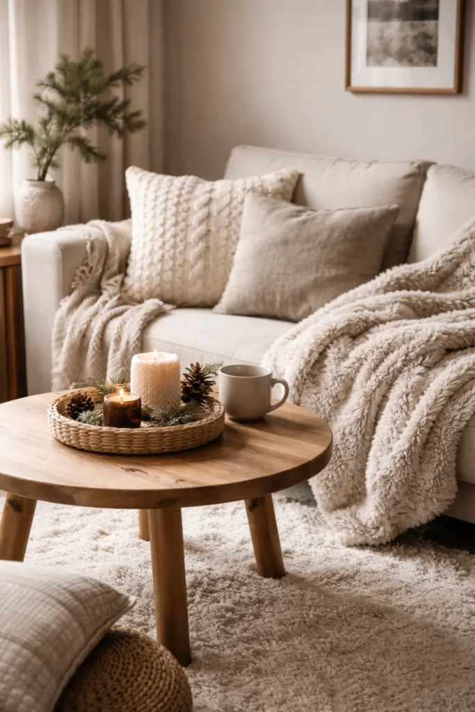 Kleines Wohnzimmer mit Winterdeko, hellen Kissen, Strickdecke und warmem Licht