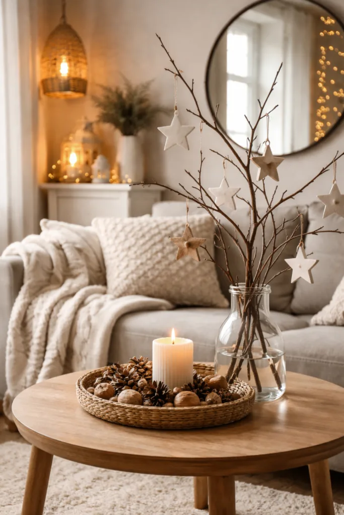 Winterdeko im kleinen Wohnzimmer mit Zweigen, Sternen und Kerze auf Holztisch