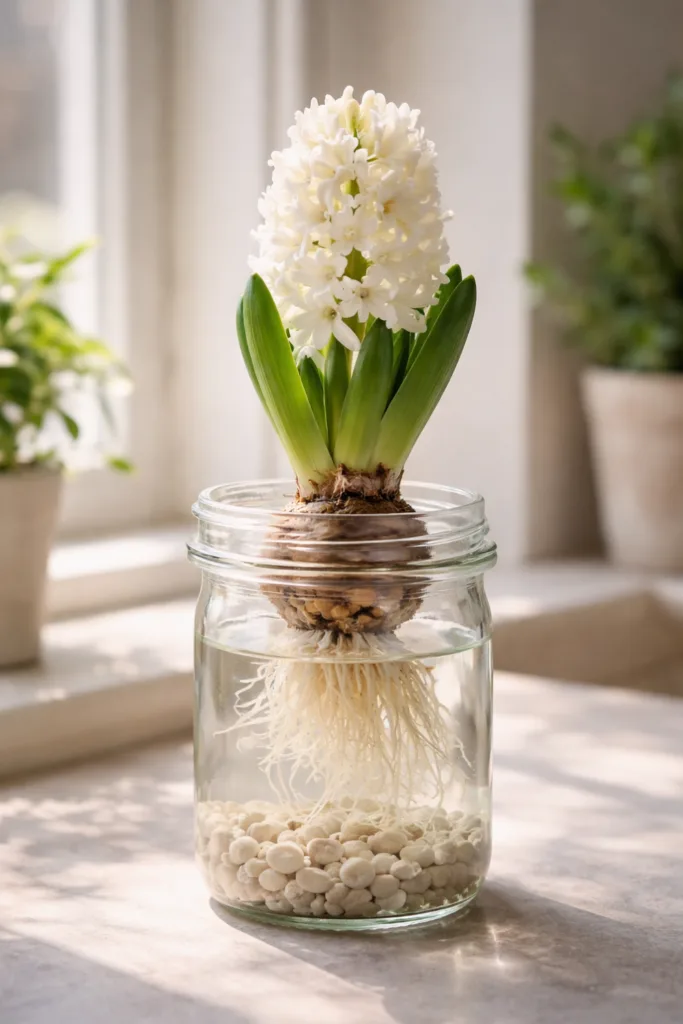 Weiße Hyazinthe im Glas auf Fensterbank, minimalistische Frühlingsdeko mit Wurzeln im Wasser