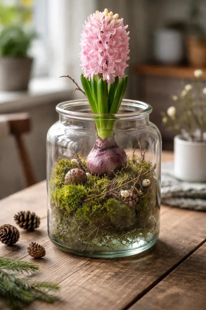 Hyazinthe im Glas mit Moos, Zapfen und Zweigen als natürliche Deko